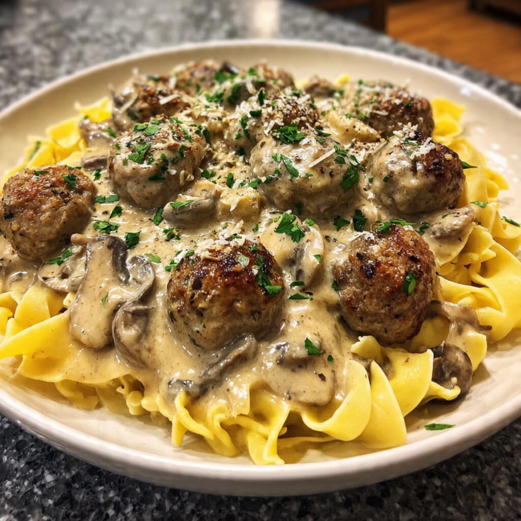 Creamy meatball stroganoff served over egg noodles in a white bowl, garnished with fresh parsley, showing tender meatballs coated in rich mushroom sauce
