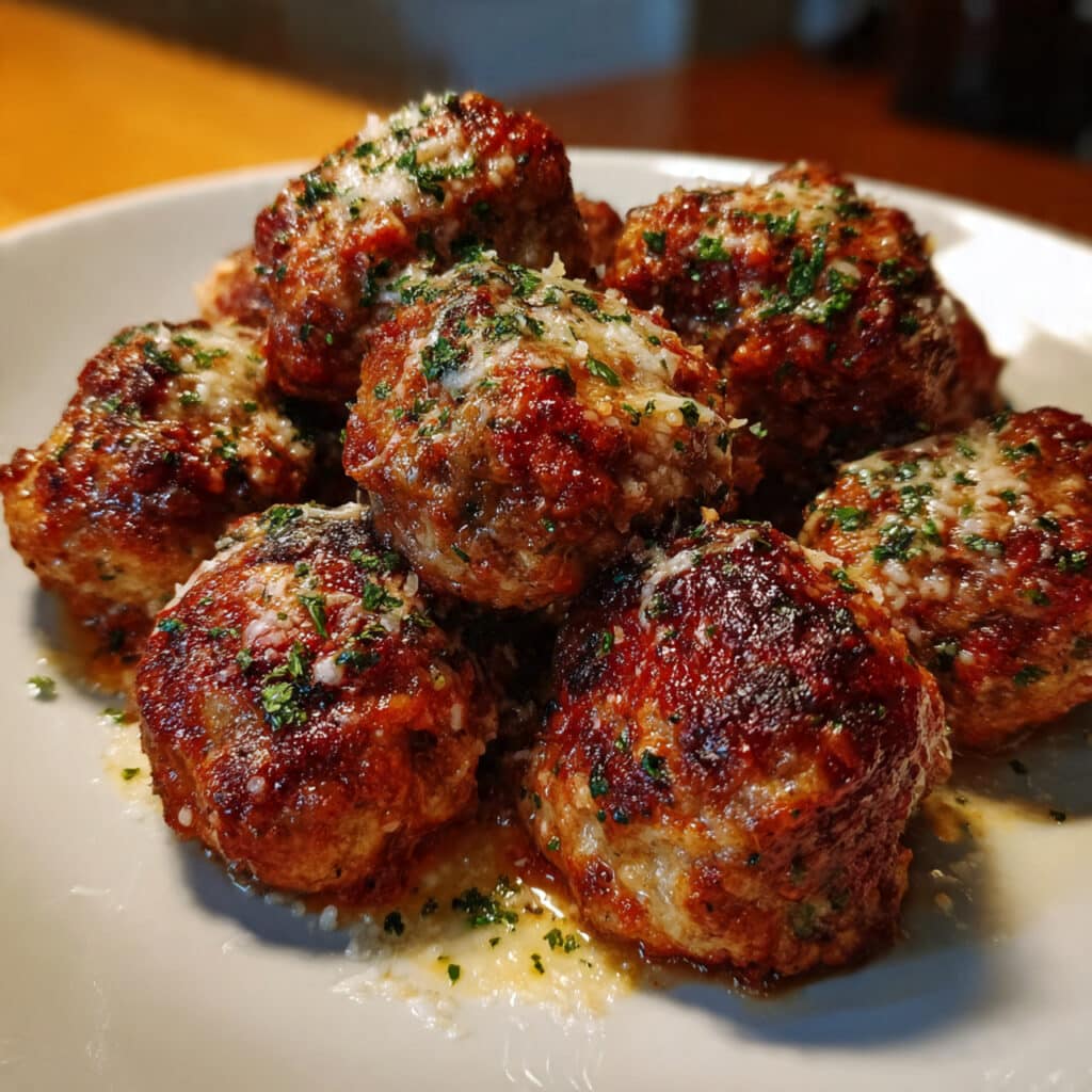 Golden-brown baked meatballs arranged on a white platter, garnished with fresh parsley and grated Parmesan cheese, with a bowl of marinara sauce on the side