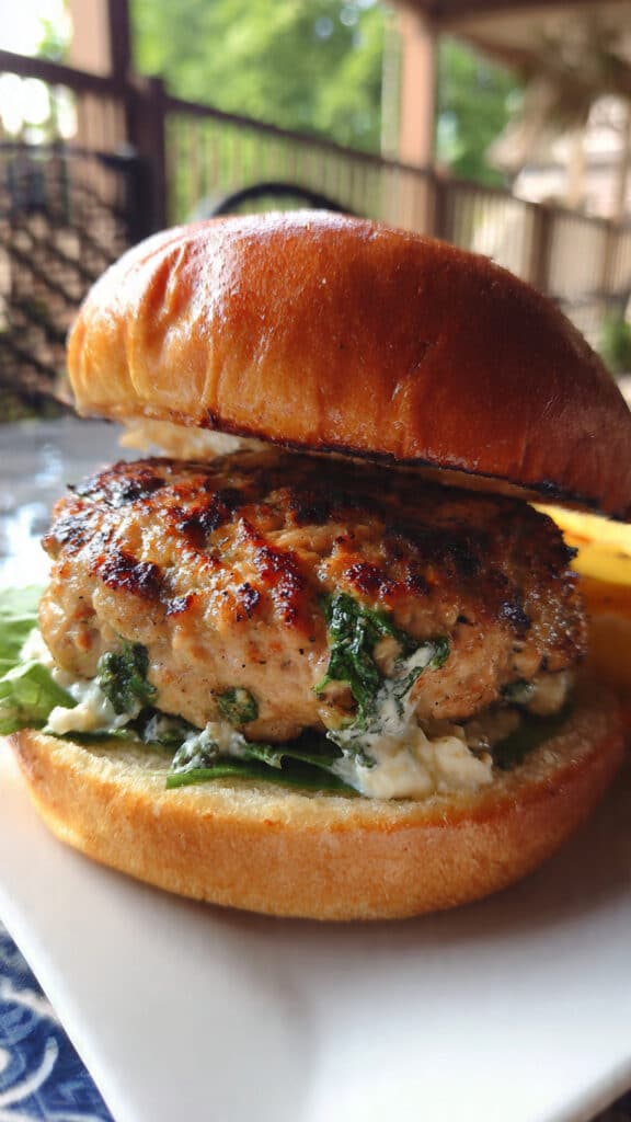 These Spinach Feta Turkey Burgers are juicy, flavorful, and packed with Mediterranean goodness! Fresh spinach and tangy feta transform lean ground turkey