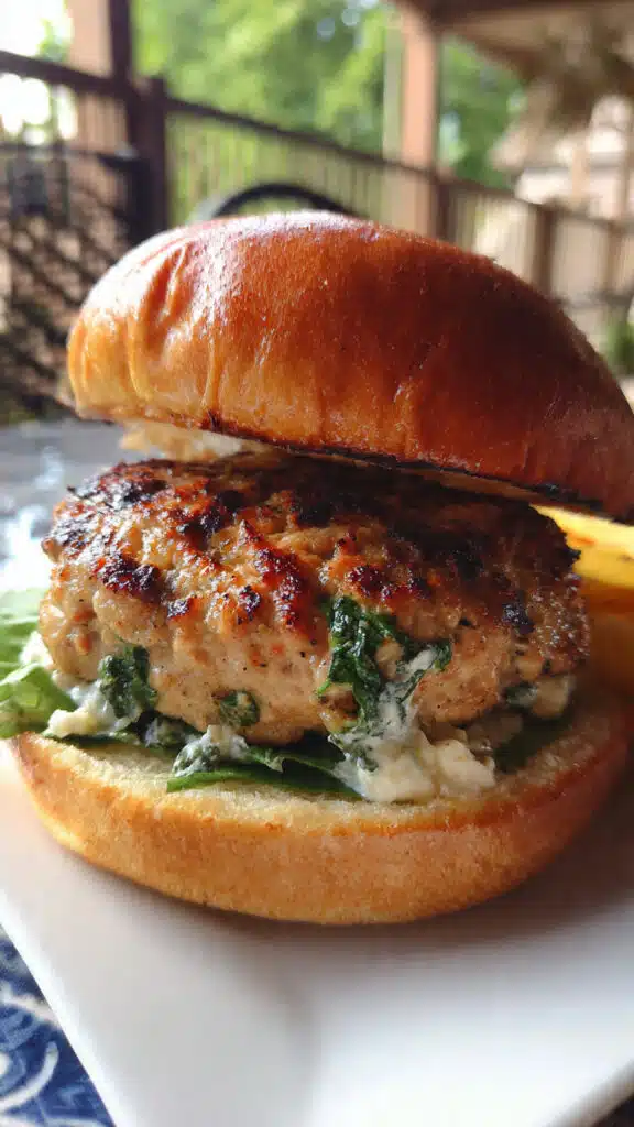 These Spinach Feta Turkey Burgers are juicy, flavorful, and packed with Mediterranean goodness! Fresh spinach and tangy feta transform lean ground turkey