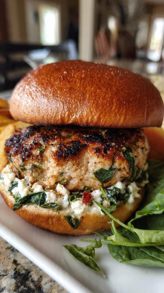 These Spinach Feta Turkey Burgers are juicy, flavorful, and packed with Mediterranean goodness! Fresh spinach and tangy feta transform lean ground turkey