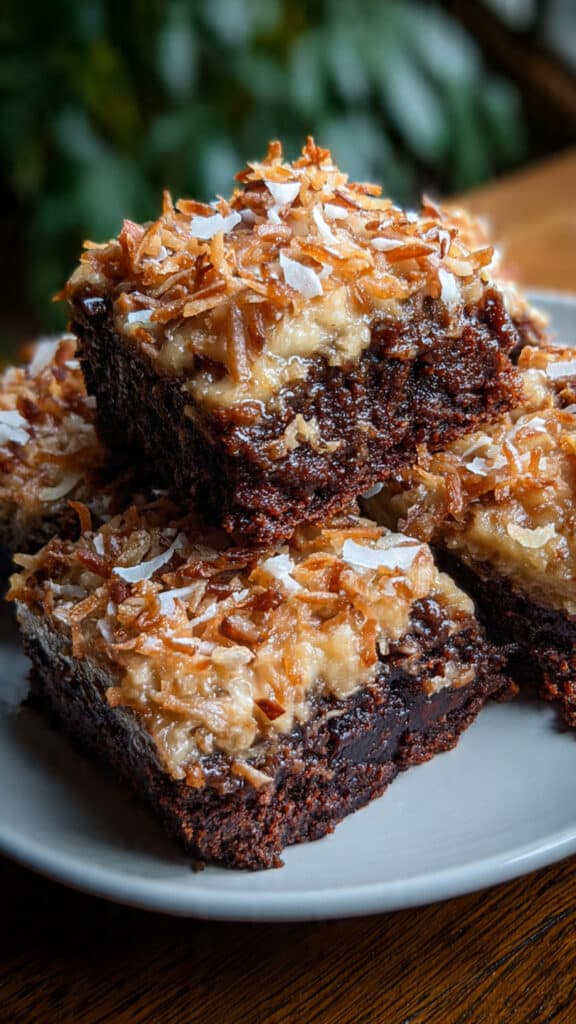 German chocolate brownies with coconut pecan topping on a white plate, showing fudgy chocolate layers and golden topping