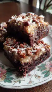 German chocolate brownies with coconut pecan topping on a white plate, showing fudgy chocolate layers and golden topping
