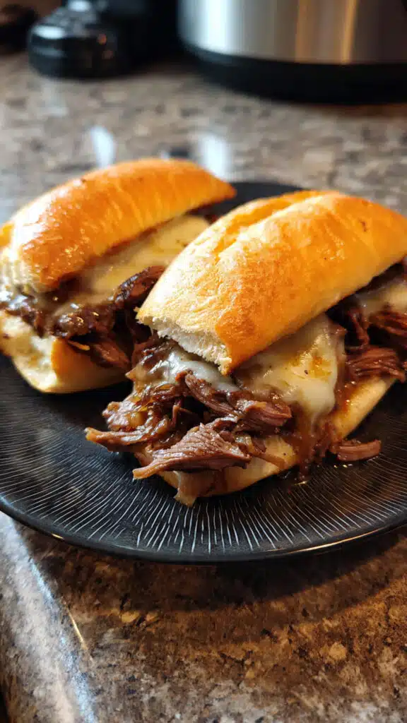 Slow Cooker French Dip Sandwiches you'll ever make! Just let your slow cooker do all the work while the beef becomes fall-apart tender and the broth turns into the most flavorful au jus