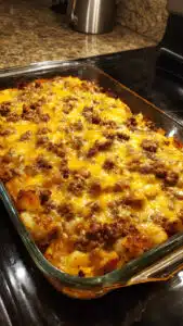 Cheesy Hamburger Hashbrown Casserole fresh from the oven – crispy on top, creamy inside, and loaded with seasoned ground beef