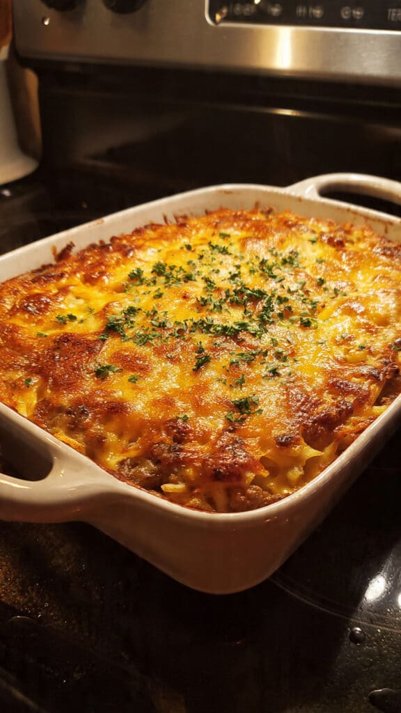 Cheesy Hamburger Hashbrown Casserole fresh from the oven – crispy on top, creamy inside, and loaded with seasoned ground beef