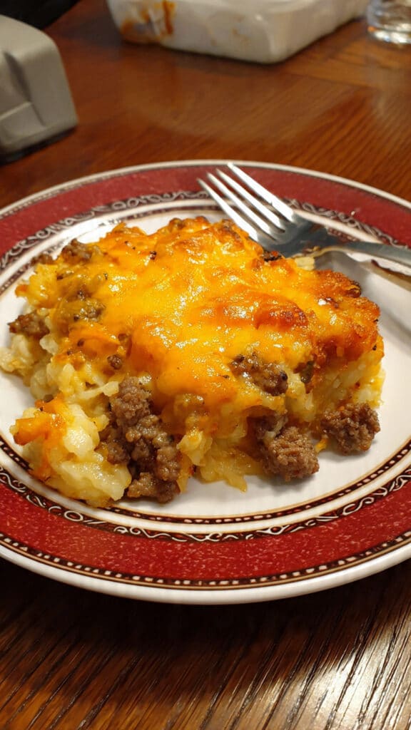Cheesy Hamburger Hashbrown Casserole fresh from the oven – crispy on top, creamy inside, and loaded with seasoned ground beef