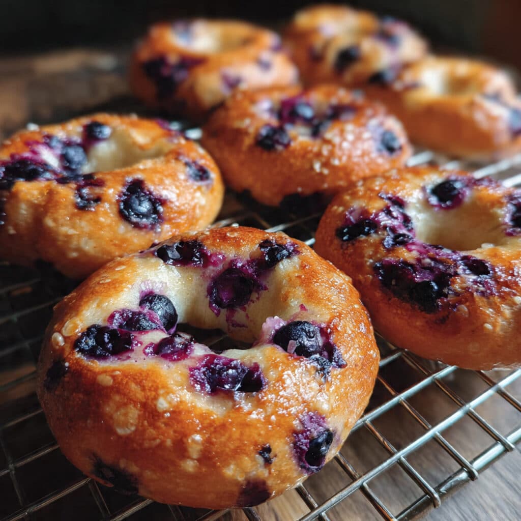 Golden brown homemade blueberry bagels on a white plate, topped with sparkling sugar and bursting with fresh blueberries, served with cream cheese