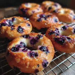 Golden brown homemade blueberry bagels on a white plate, topped with sparkling sugar and bursting with fresh blueberries, served with cream cheese