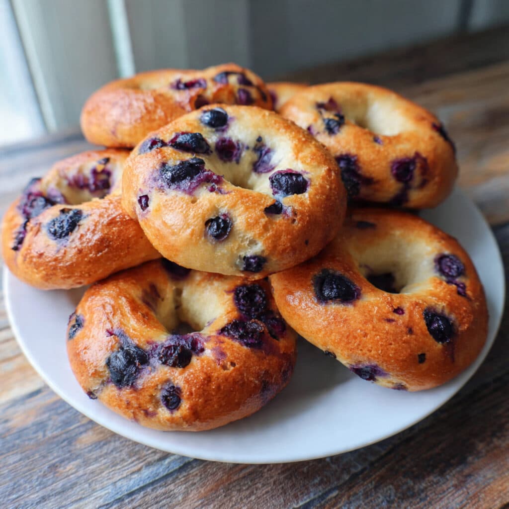 Golden brown homemade blueberry bagels on a white plate, topped with sparkling sugar and bursting with fresh blueberries, served with cream cheese