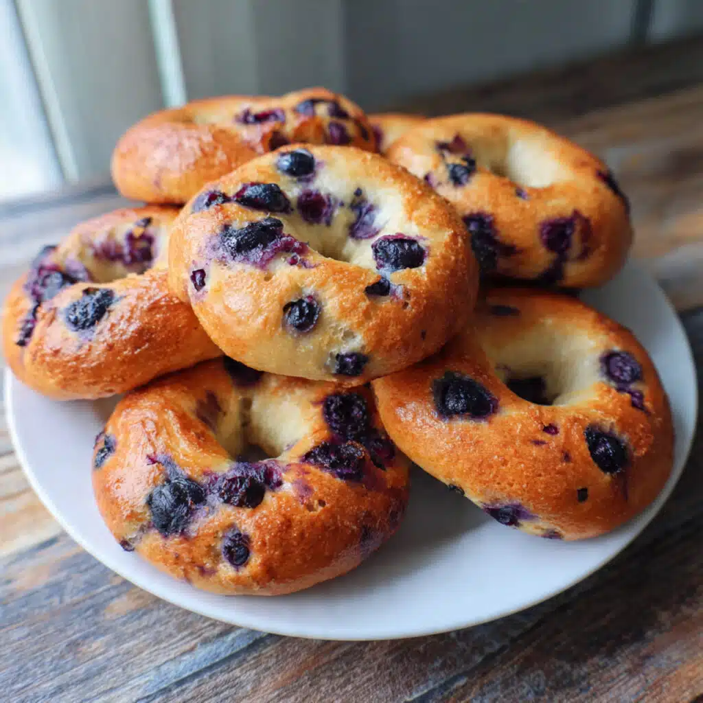 Golden brown homemade blueberry bagels on a white plate, topped with sparkling sugar and bursting with fresh blueberries, served with cream cheese