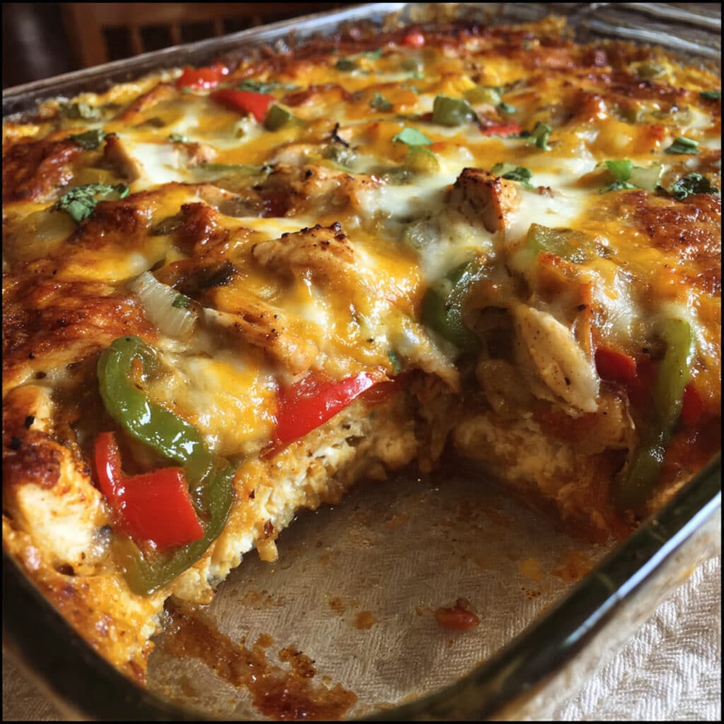Chicken Fajita Casserole is the EASIEST way to get all your favorite fajita flavors in one delicious, cheesy dish