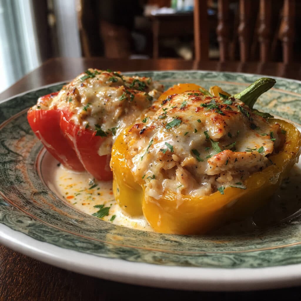 Creamy Chicken Stuffed Peppers – tender bell peppers filled with seasoned chicken, rice, and melted cheese. Pure comfort food