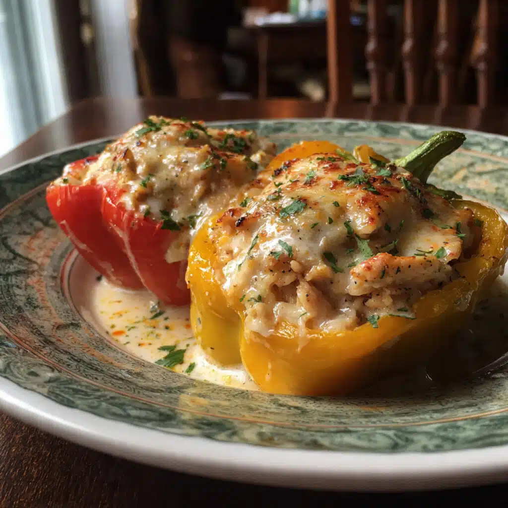 Creamy Chicken Stuffed Peppers – tender bell peppers filled with seasoned chicken, rice, and melted cheese. Pure comfort food