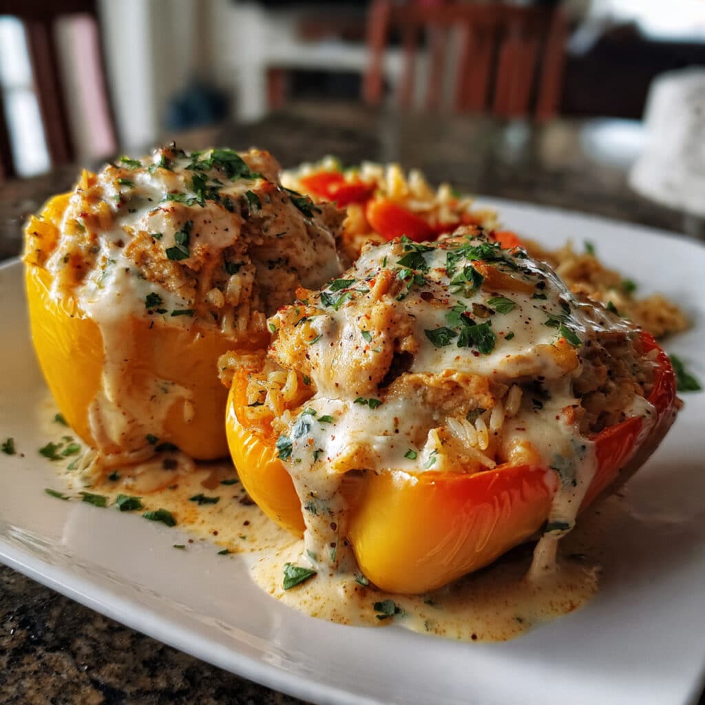 Creamy Chicken Stuffed Peppers – tender bell peppers filled with seasoned chicken, rice, and melted cheese. Pure comfort food