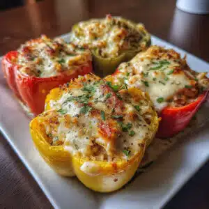 Creamy Chicken Stuffed Peppers – tender bell peppers filled with seasoned chicken, rice, and melted cheese. Pure comfort food