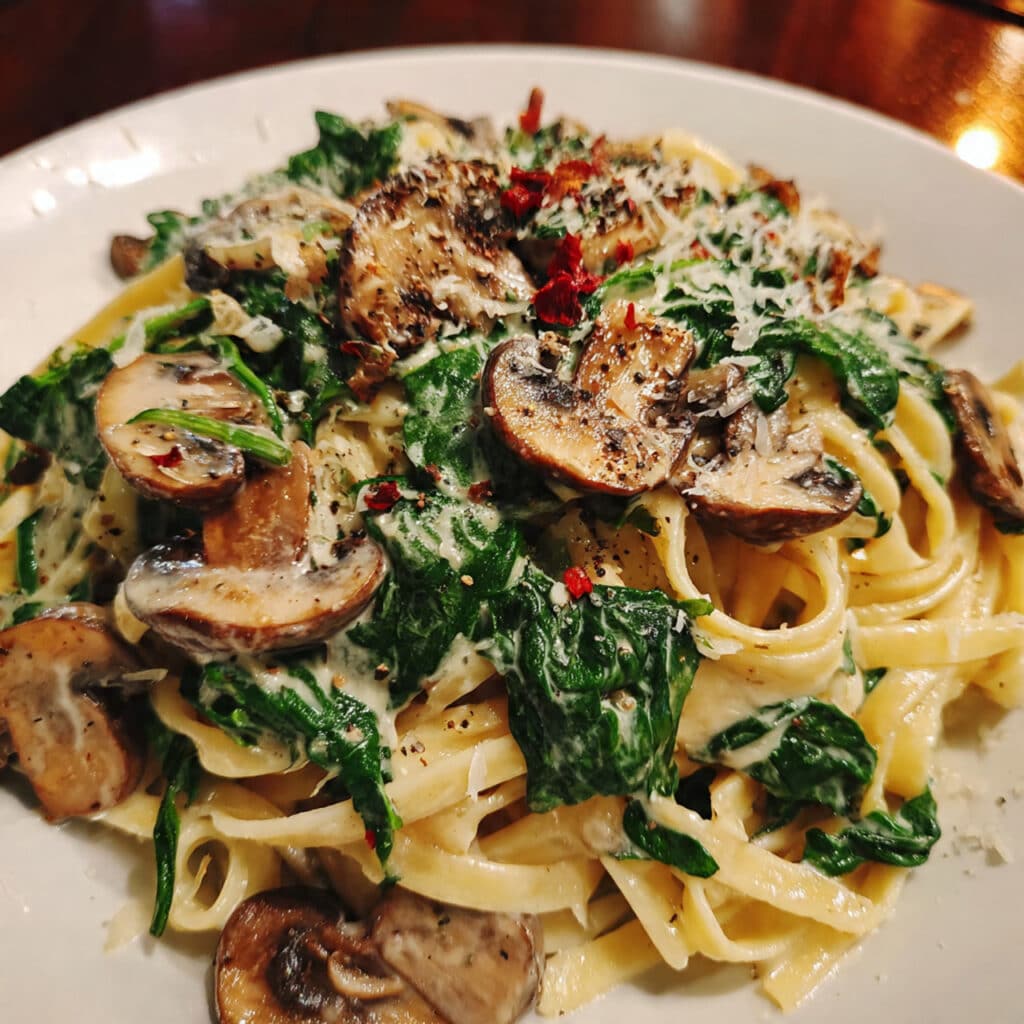 Creamy spinach mushroom pasta in a white bowl, garnished with freshly grated Parmesan cheese and black pepper, with a fork twirling pasta