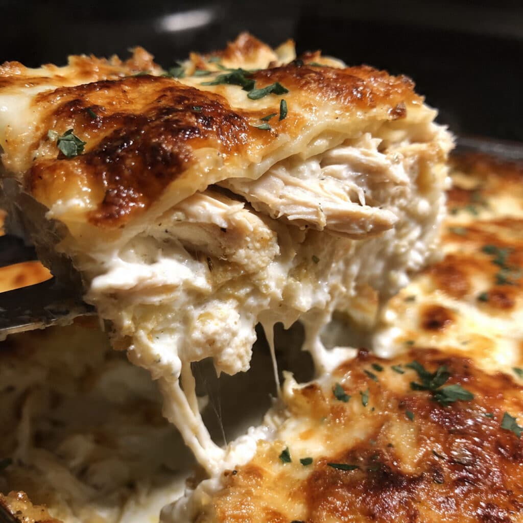 A slice of creamy chicken lasagna on a white plate showing layers of tender noodles, white cheese sauce, shredded chicken, and golden melted cheese on top