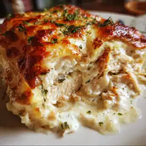 A slice of creamy chicken lasagna on a white plate showing layers of tender noodles, white cheese sauce, shredded chicken, and golden melted cheese on top