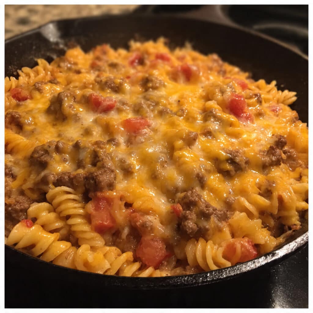 Cheeseburger Pasta Skillet – All your favorite burger flavors in one easy, cheesy pan! Perfect weeknight comfort food