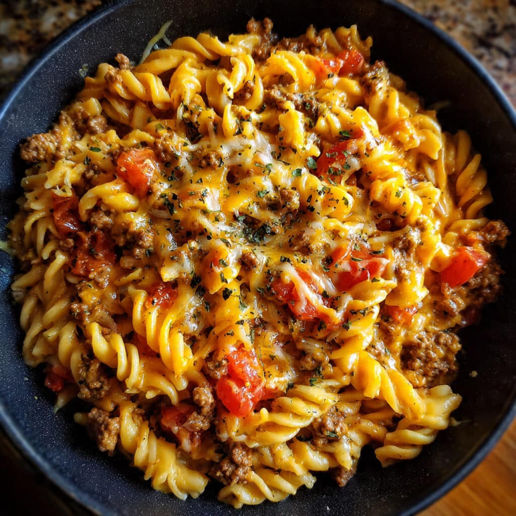 Cheeseburger Pasta Skillet – All your favorite burger flavors in one easy, cheesy pan! Perfect weeknight comfort food