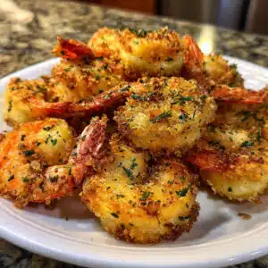Golden crispy fried shrimp arranged on a white plate with lemon wedges and a bowl of creamy dipping sauce, showing the crunchy breaded coating and tender pink shrimp inside