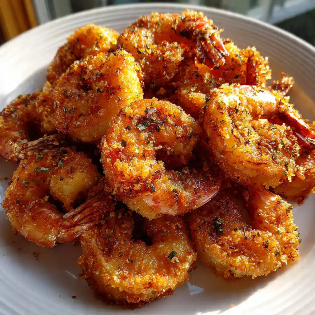 Golden crispy fried shrimp arranged on a white plate with lemon wedges and a bowl of creamy dipping sauce, showing the crunchy breaded coating and tender pink shrimp inside