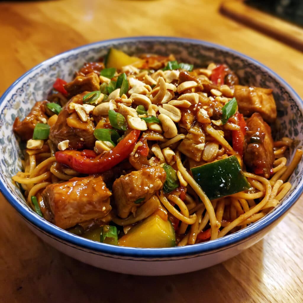 Spicy, sweet, and savory Kung Pao Chicken Noodles come together in just 30 minutes