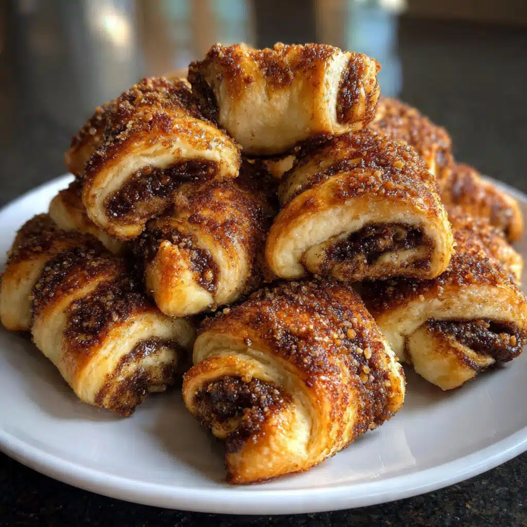 Golden brown rugelach cookies arranged on a white plate, showing their characteristic crescent shape with cinnamon-sugar filling and sparkly sugar topping