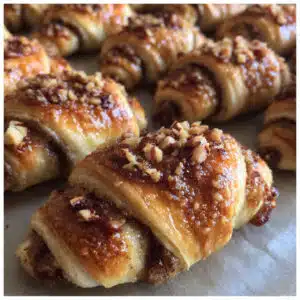 Golden brown rugelach cookies arranged on a white plate, showing their characteristic crescent shape with cinnamon-sugar filling and sparkly sugar topping