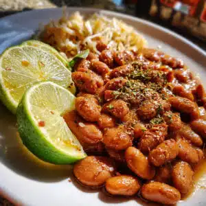 creamy homemade pinto beans garnished with fresh cilantro and lime wedges on a wooden table