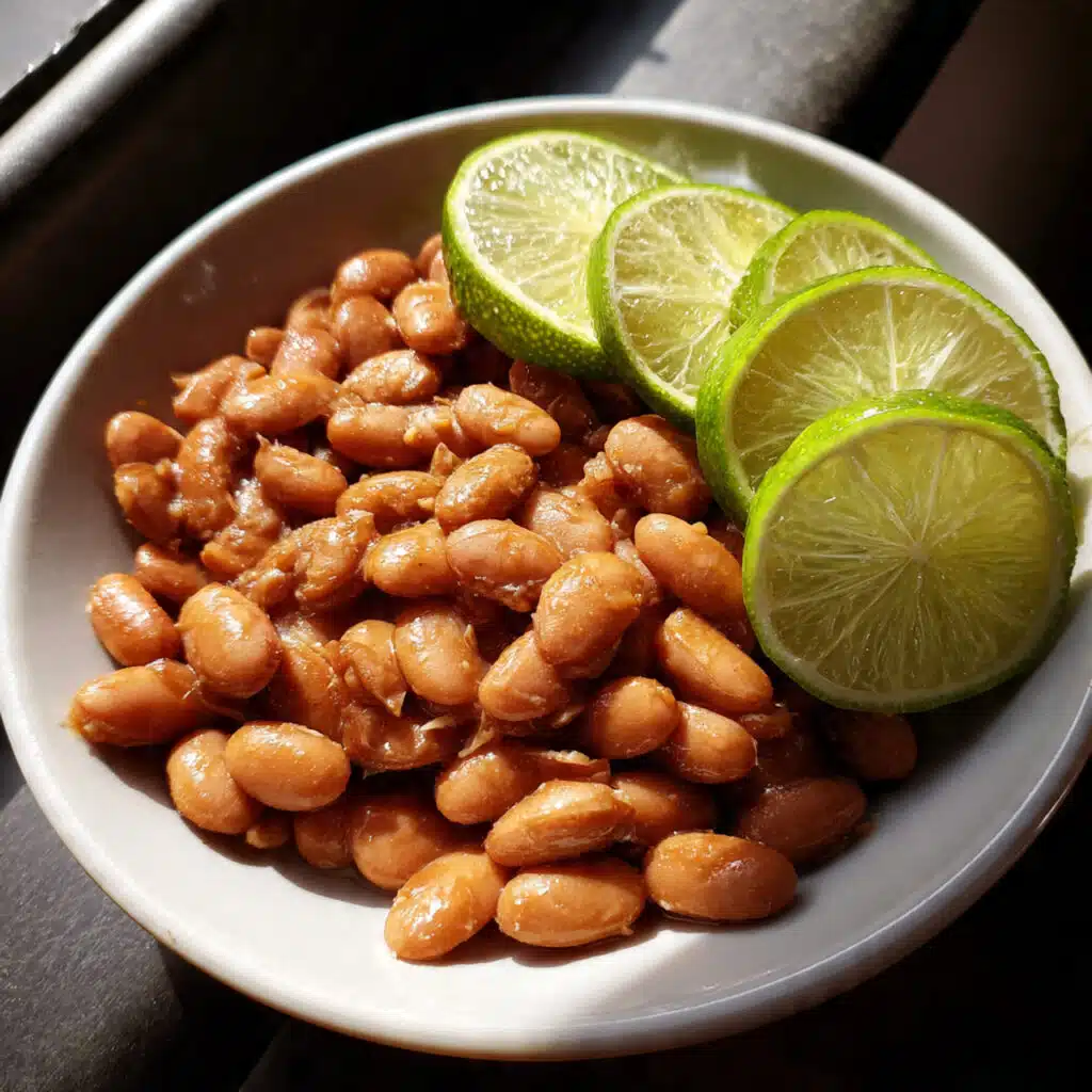 creamy homemade pinto beans garnished with fresh cilantro and lime wedges on a wooden table