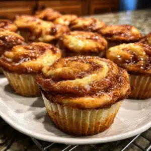 Golden-brown gluten-free cinnamon roll muffins with visible cinnamon swirl and white icing drizzle, arranged on a white plate