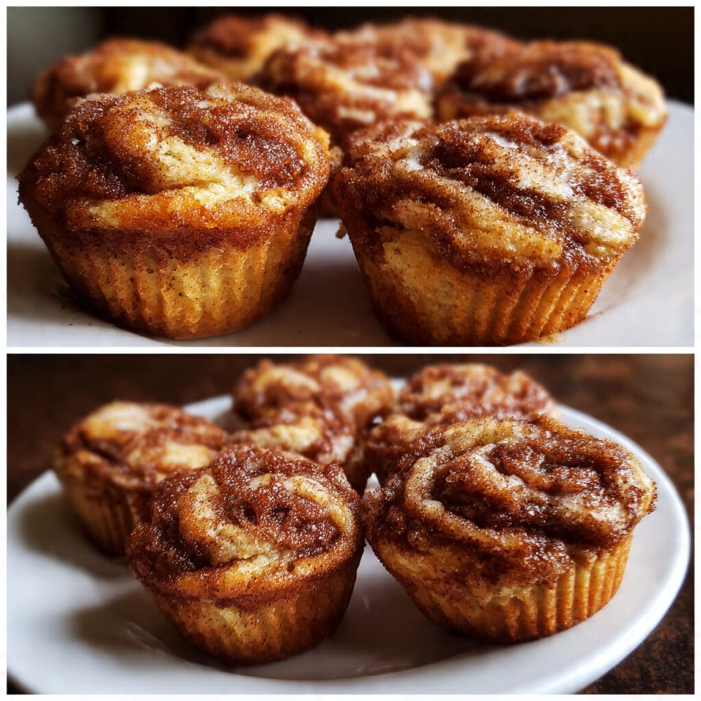 Golden-brown gluten-free cinnamon roll muffins with visible cinnamon swirl and white icing drizzle, arranged on a white plate