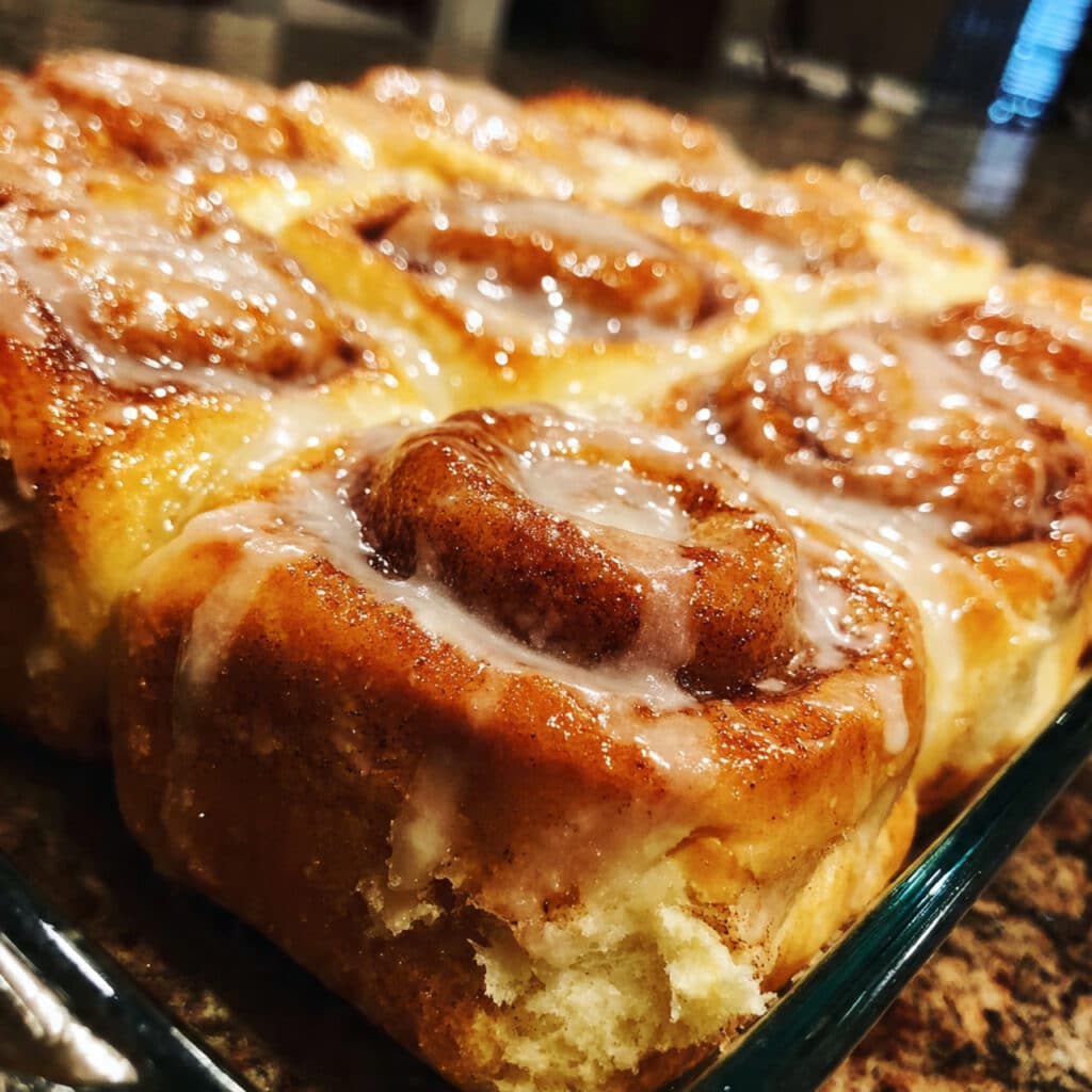 Golden brown homemade honey buns with glossy honey glaze, arranged on a white plate, showing the cinnamon swirl inside and sticky sweet coating