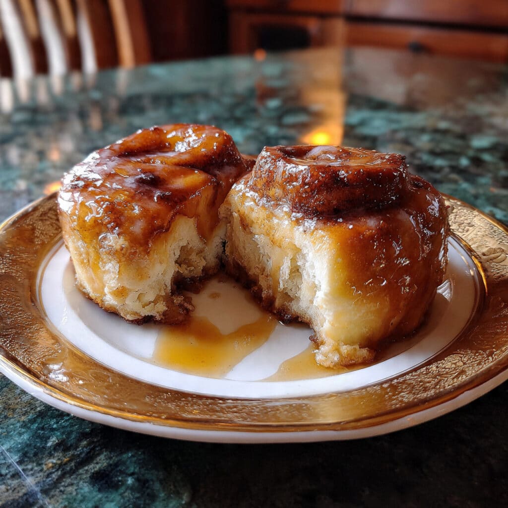 Golden brown homemade honey buns with glossy honey glaze, arranged on a white plate, showing the cinnamon swirl inside and sticky sweet coating