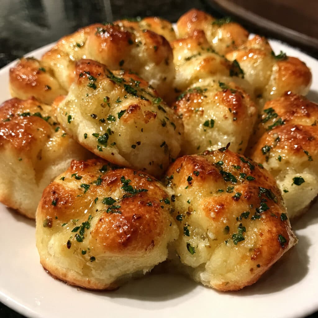 Golden brown homemade garlic knots on a serving plate, brushed with melted garlic butter and sprinkled with fresh parsley and Parmesan cheese