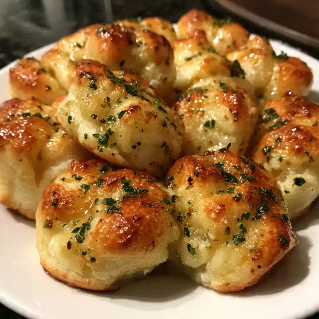 Golden brown homemade garlic knots on a serving plate, brushed with melted garlic butter and sprinkled with fresh parsley and Parmesan cheese