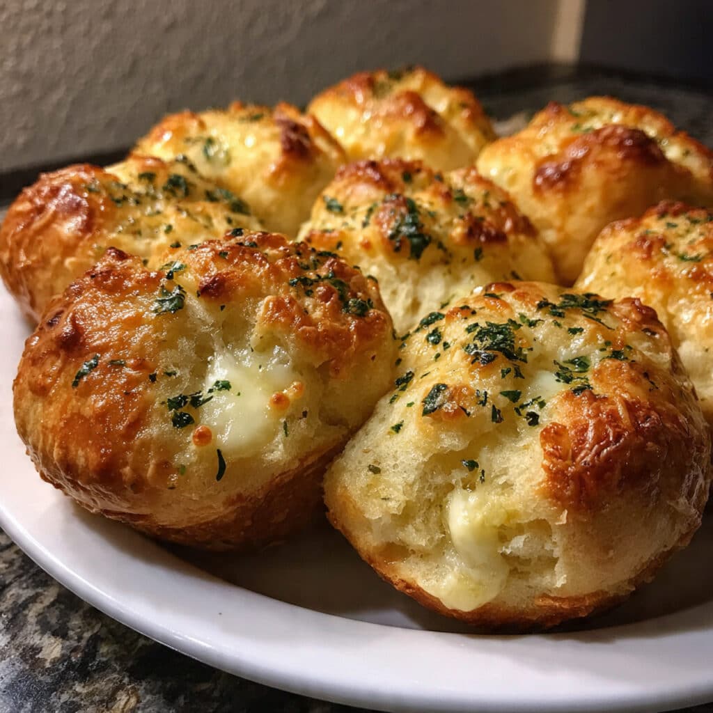 Golden brown homemade garlic knots on a serving plate, brushed with melted garlic butter and sprinkled with fresh parsley and Parmesan cheese