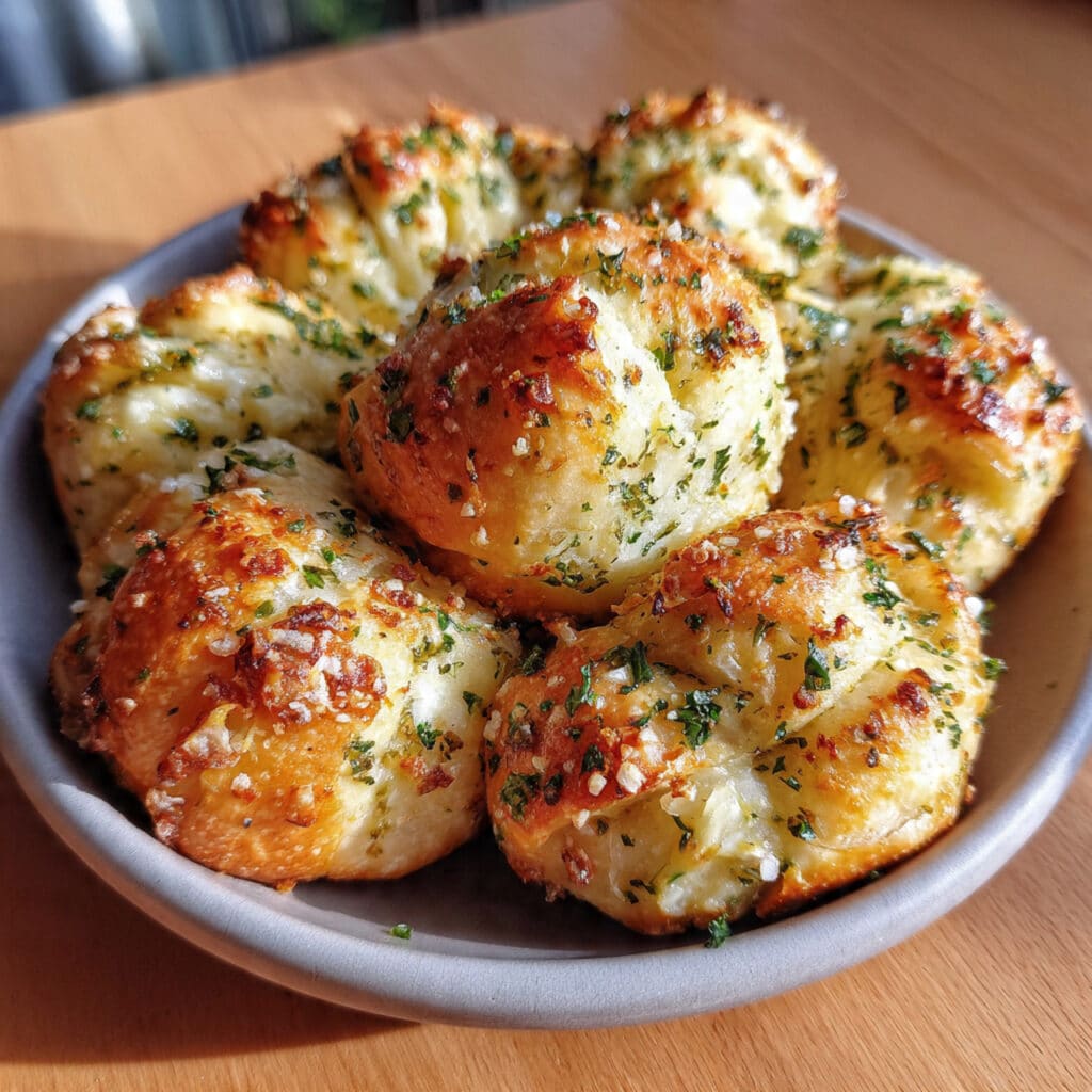 Golden brown homemade garlic knots on a serving plate, brushed with melted garlic butter and sprinkled with fresh parsley and Parmesan cheese