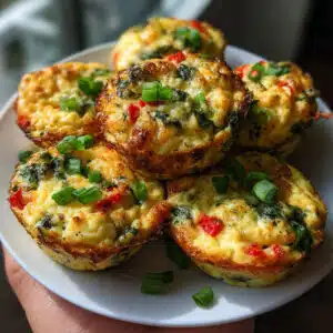 Golden baked egg bites with spinach and red peppers in a muffin tin, showing their fluffy texture and vegetable filling