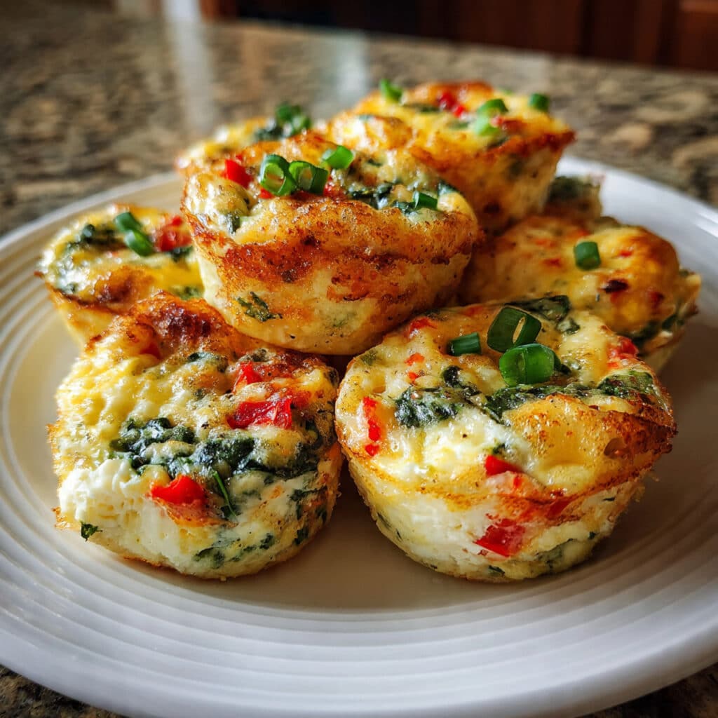 Golden baked egg bites with spinach and red peppers in a muffin tin, showing their fluffy texture and vegetable filling