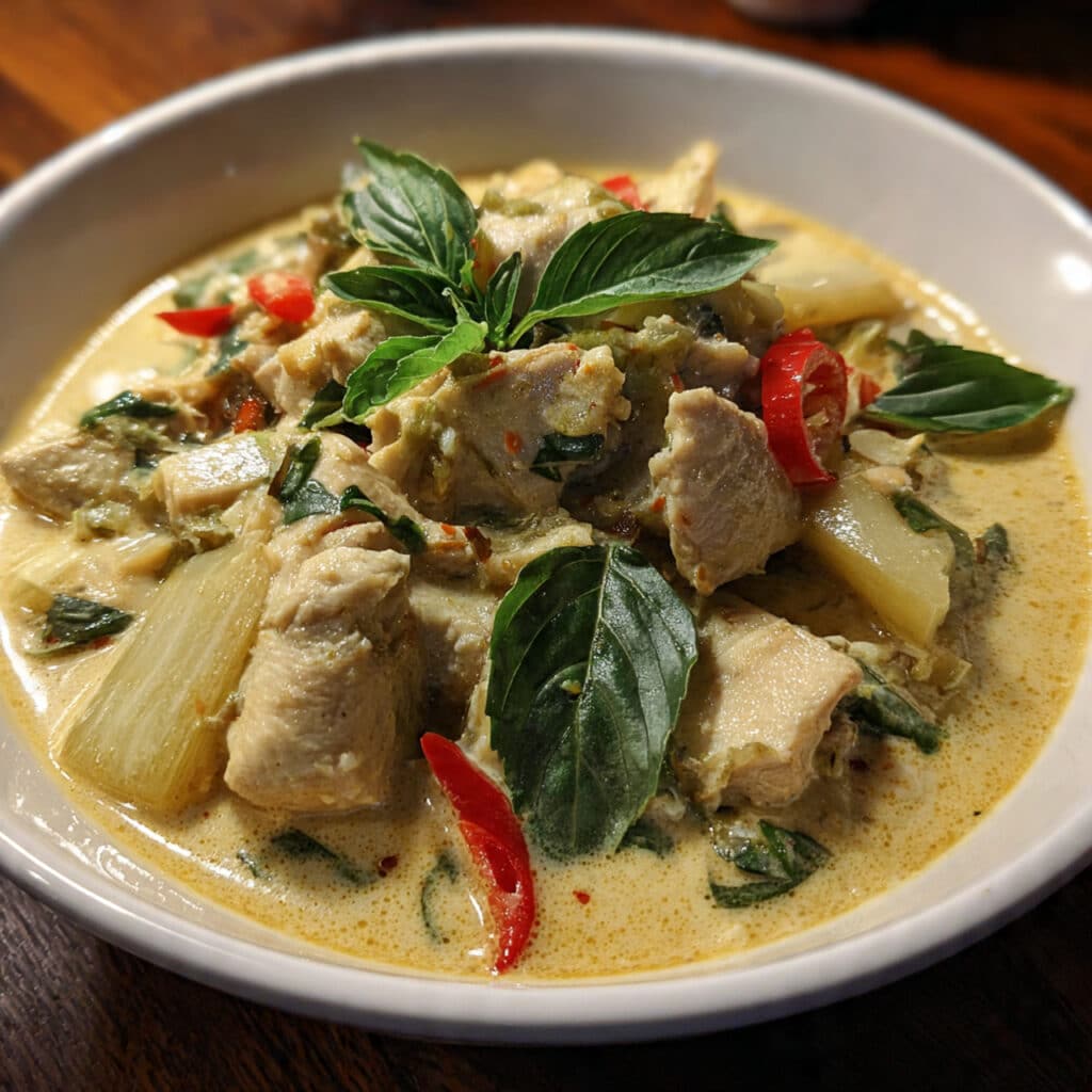 A bowl of vibrant green Thai curry chicken with tender chicken pieces, bamboo shoots, and fresh Thai basil leaves in creamy coconut sauce, served over steamed jasmine rice