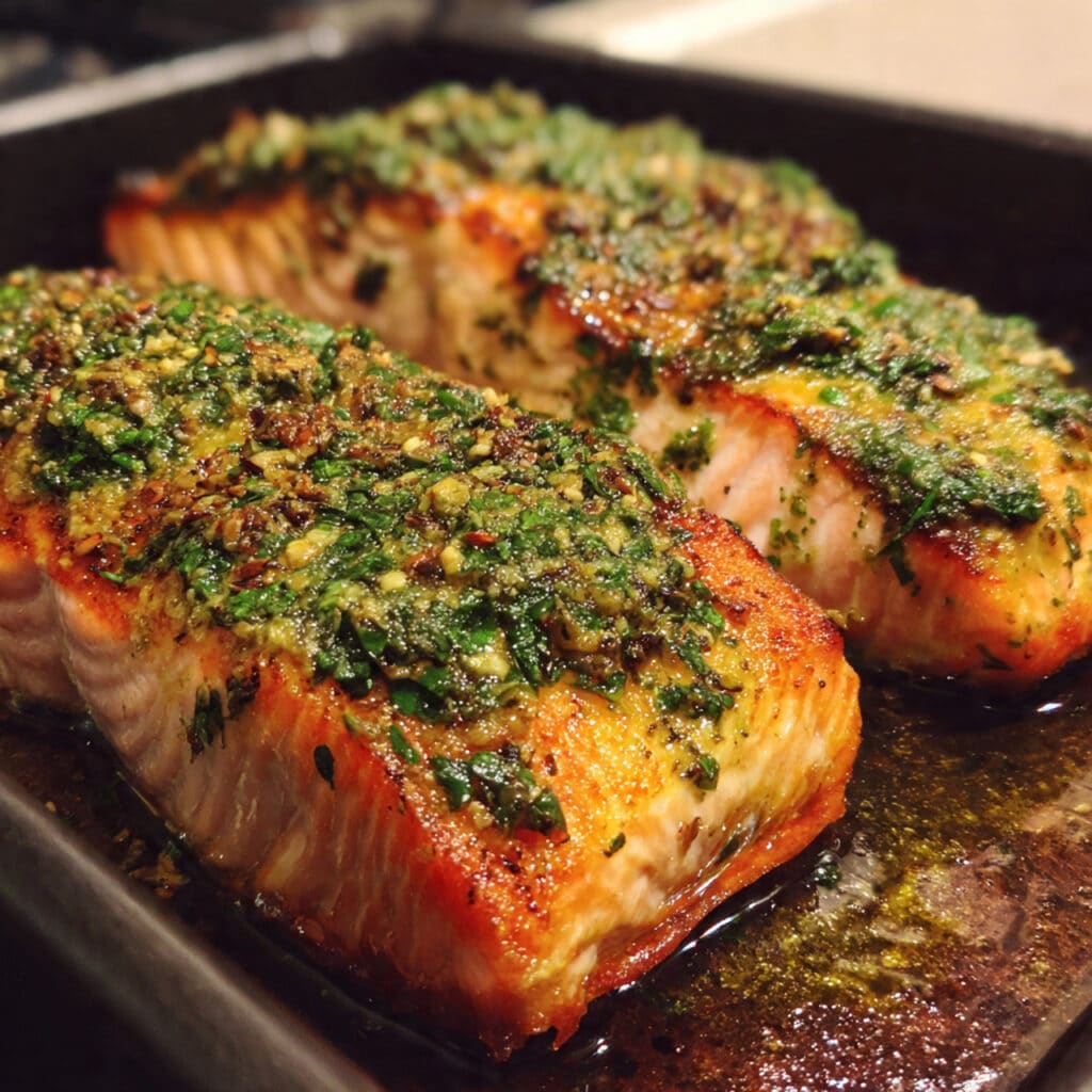 Baked Pesto Salmon – tender, flaky salmon topped with fresh homemade basil pesto, baked to perfection in just 15 minutes