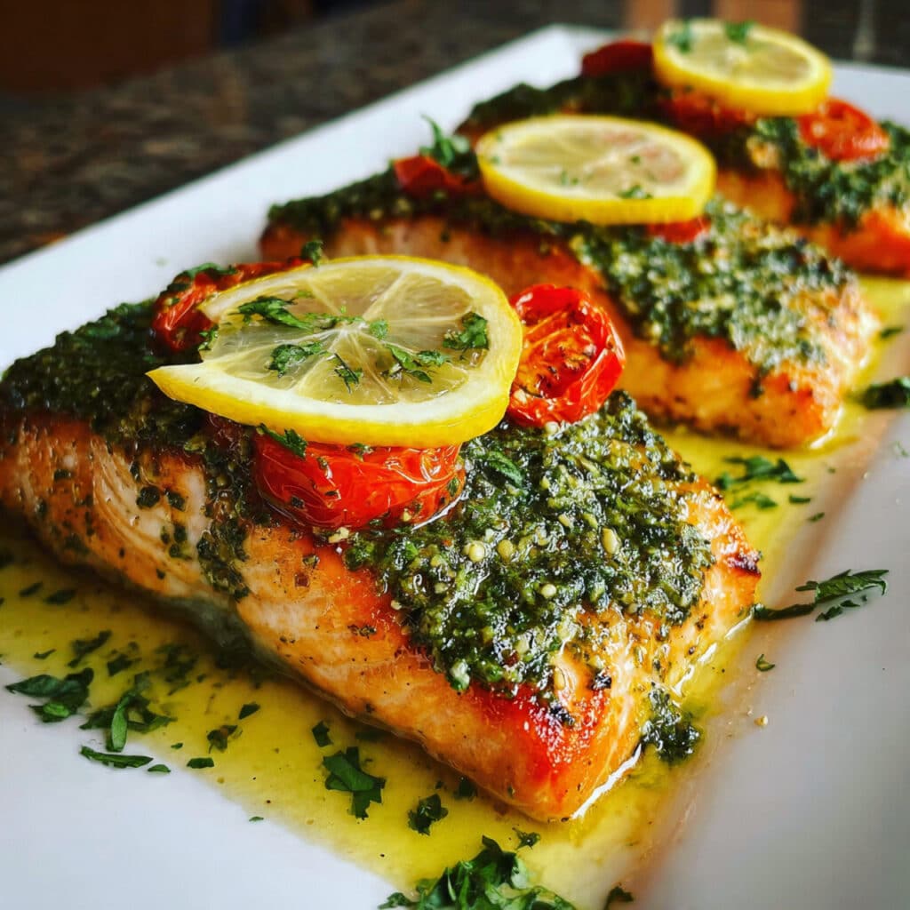 Baked Pesto Salmon – tender, flaky salmon topped with fresh homemade basil pesto, baked to perfection in just 15 minutes