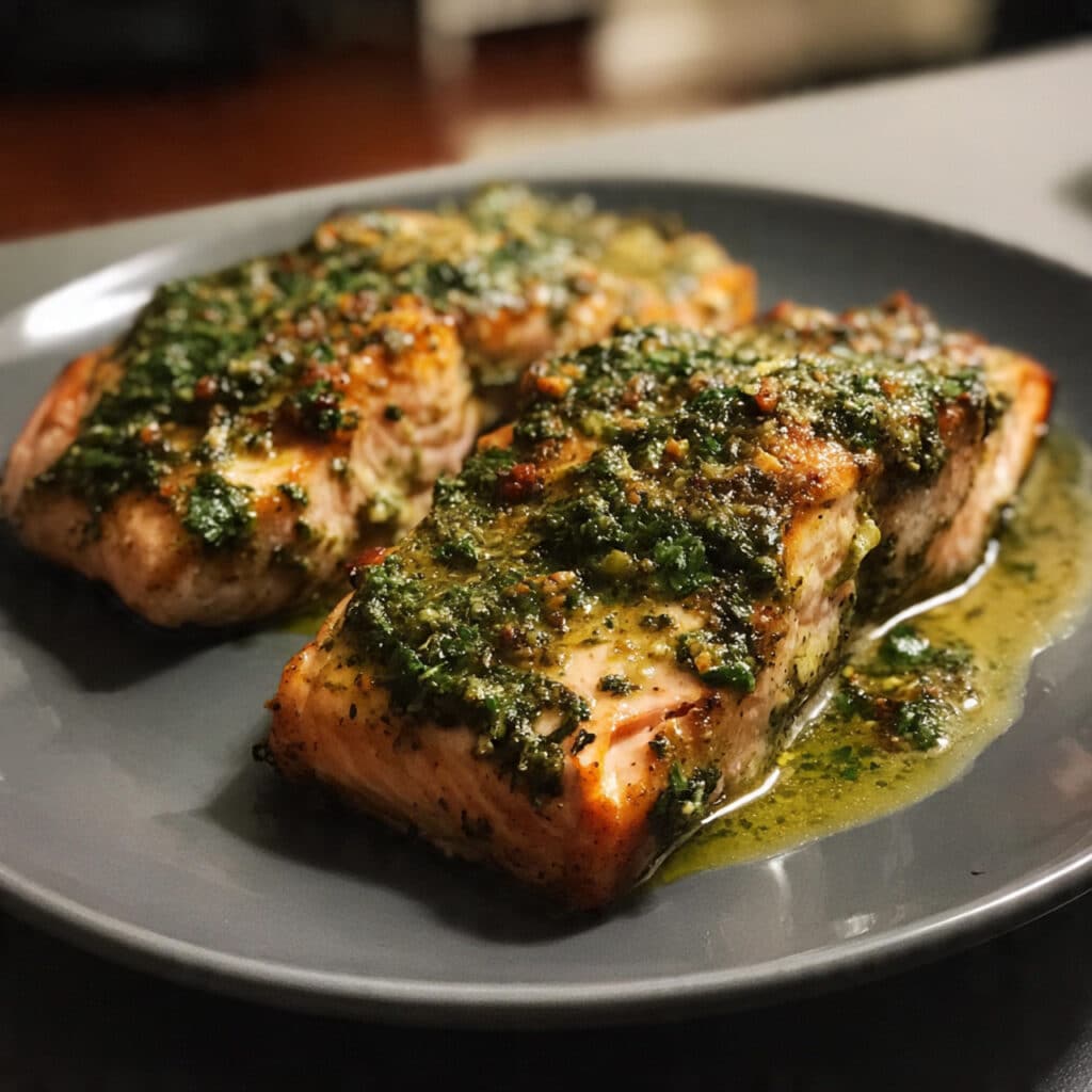 Baked Pesto Salmon – tender, flaky salmon topped with fresh homemade basil pesto, baked to perfection in just 15 minutes