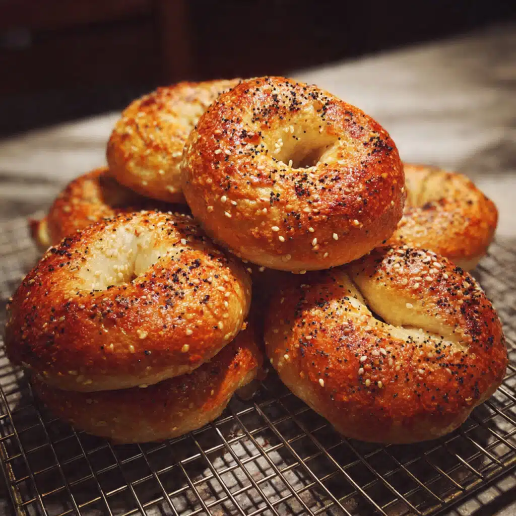 Golden brown homemade Greek yogurt bagels topped with everything bagel seasoning on a white plate with cream cheese on the side
