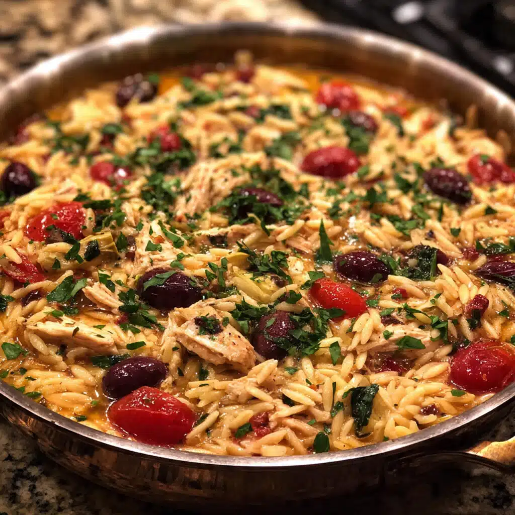 A skillet filled with Mediterranean chicken orzo, featuring tender chicken pieces, orzo pasta, cherry tomatoes, spinach, Kalamata olives, and crumbled feta cheese, garnished with fresh parsley