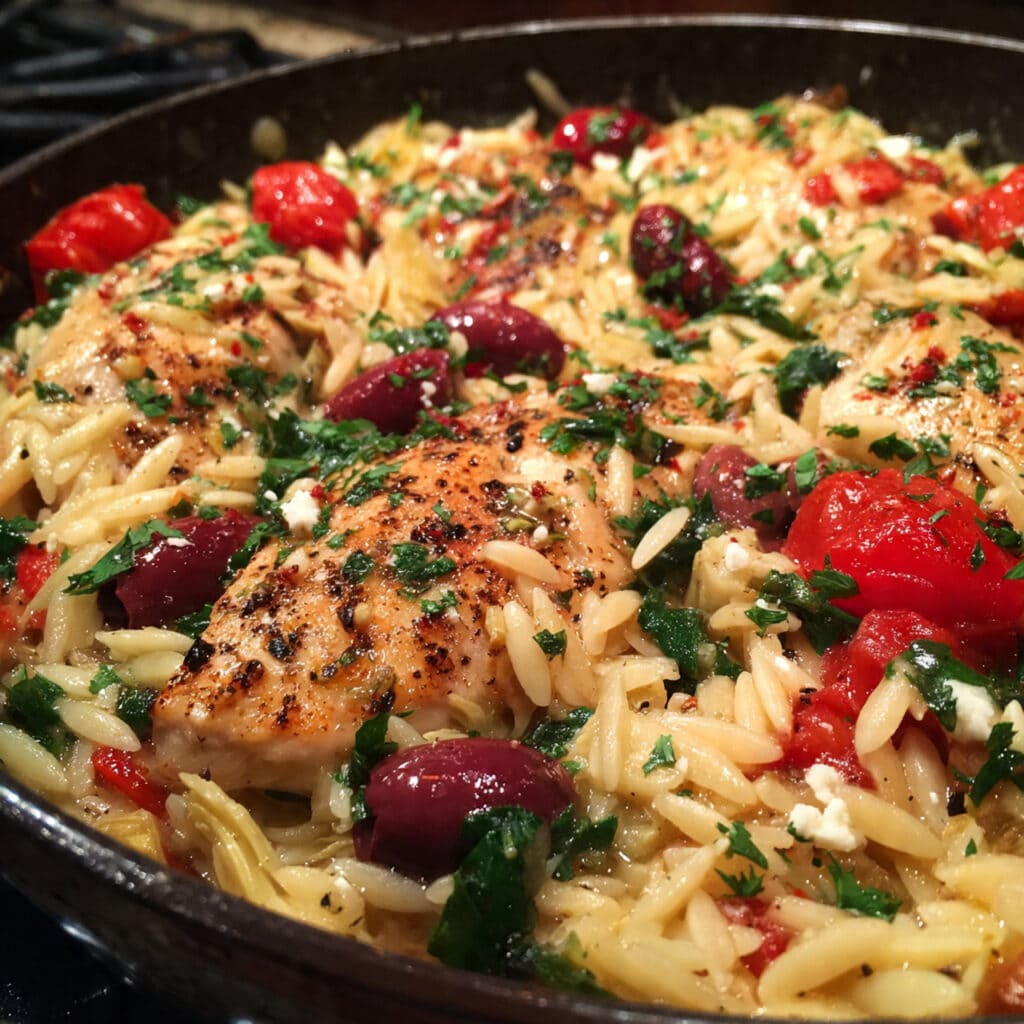 A skillet filled with Mediterranean chicken orzo, featuring tender chicken pieces, orzo pasta, cherry tomatoes, spinach, Kalamata olives, and crumbled feta cheese, garnished with fresh parsley