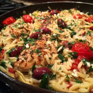 A skillet filled with Mediterranean chicken orzo, featuring tender chicken pieces, orzo pasta, cherry tomatoes, spinach, Kalamata olives, and crumbled feta cheese, garnished with fresh parsley
